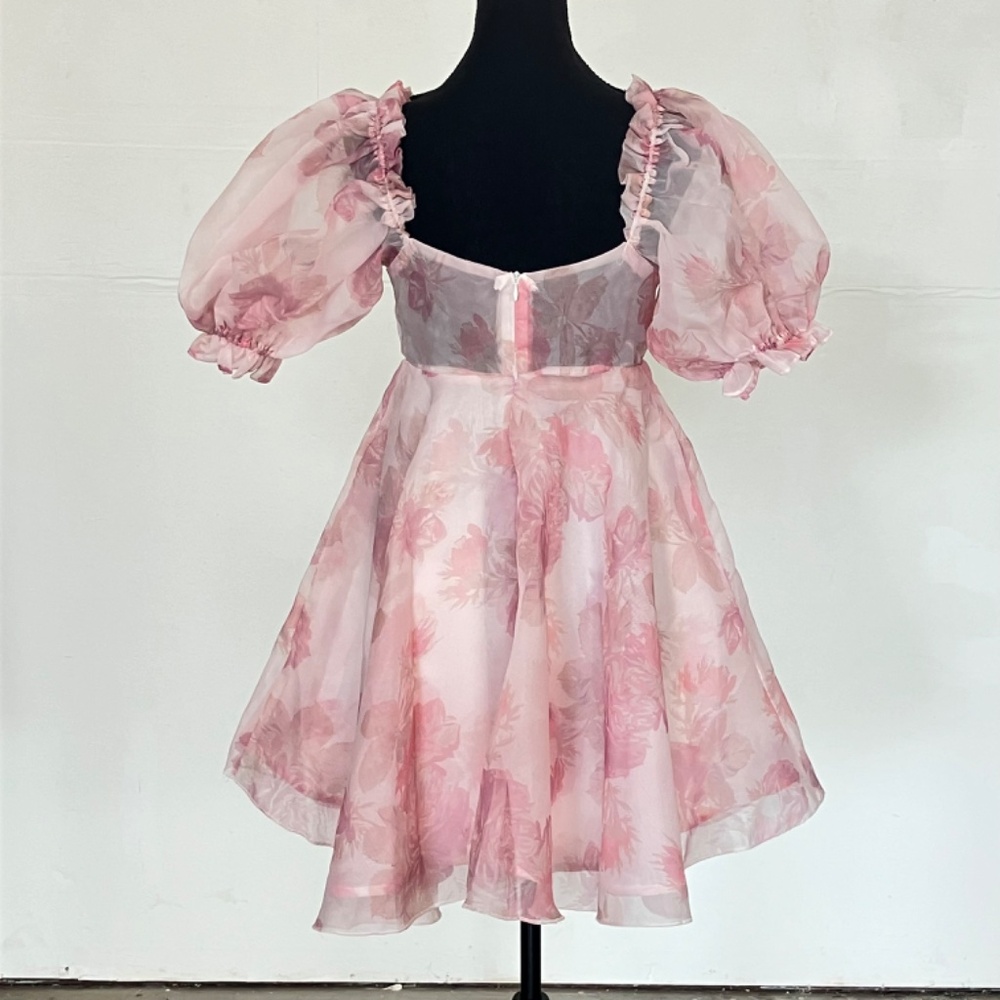 Pink Floral Puff-Sleeve Mini Dress - Picture 2 of 11